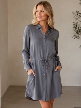 Eileen Fisher Black Label Silk Shirt Dress Gray size Small